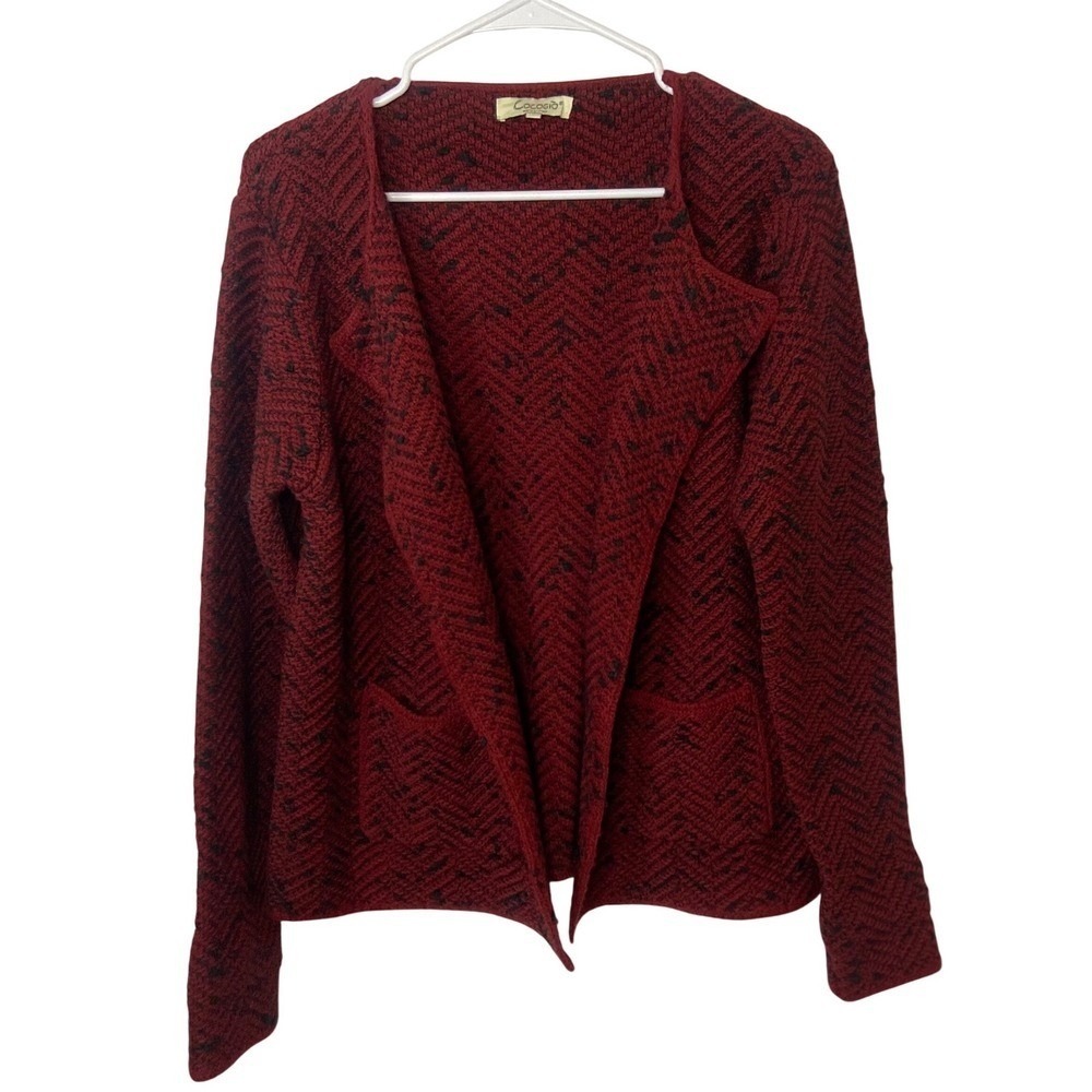 Cocogio Italy Wool Blend Chevron Open Front Cardigan Sweater Burgundy Black L